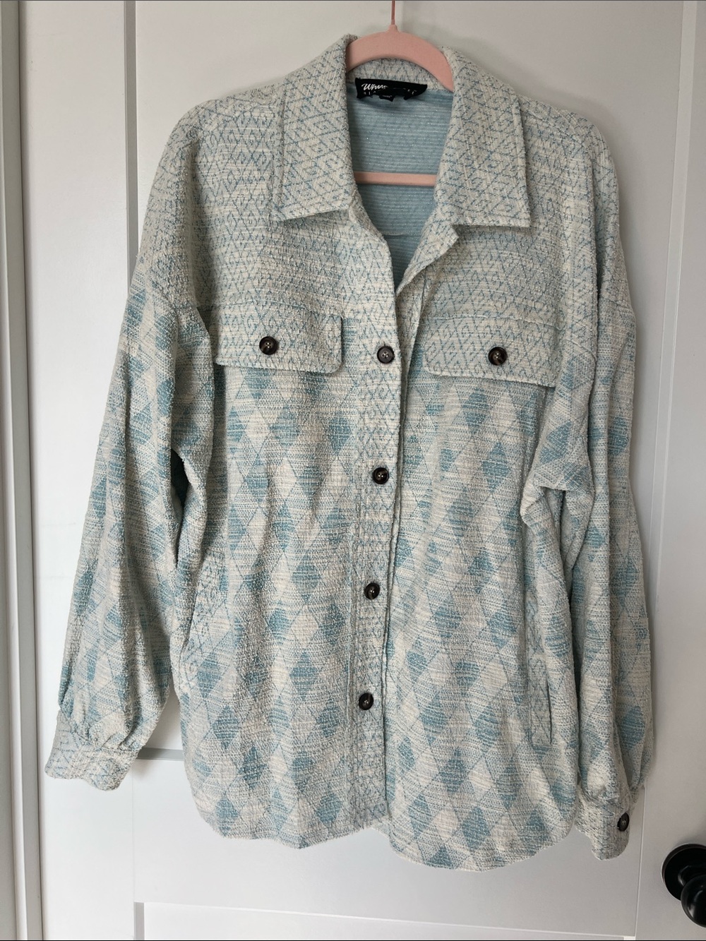 White Birch Light Blue and Cream Patterned Women's Jacket Shacket M